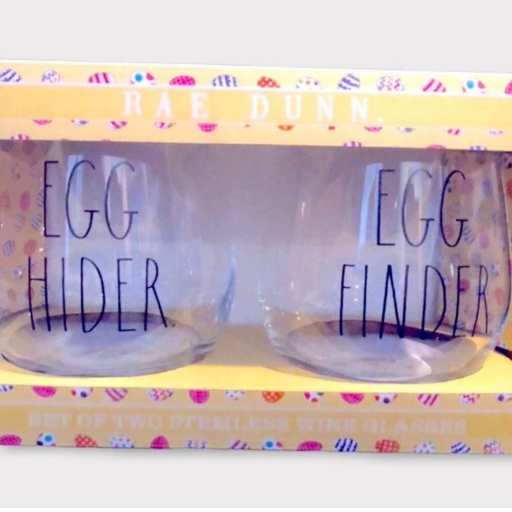 Rae Dunn Set of 2 Stemless Wine Glasses. EGG HIDER & EGG FINDER